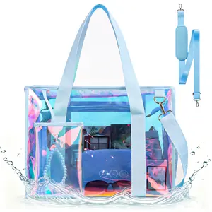 [2026 New Design] Iridescent Beach Tote Bags for Women, Large Zipper Beach Pool Swim Bag with Makeup Bag &   Waterproof Sandproof