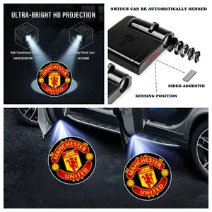 4 Pack Universal Car Door LED Welcome Projector Lights, Manchester United FC Logo Courtesy Lights, Waterproof Drill-Free Peel-and-Stick No-Damage Installation