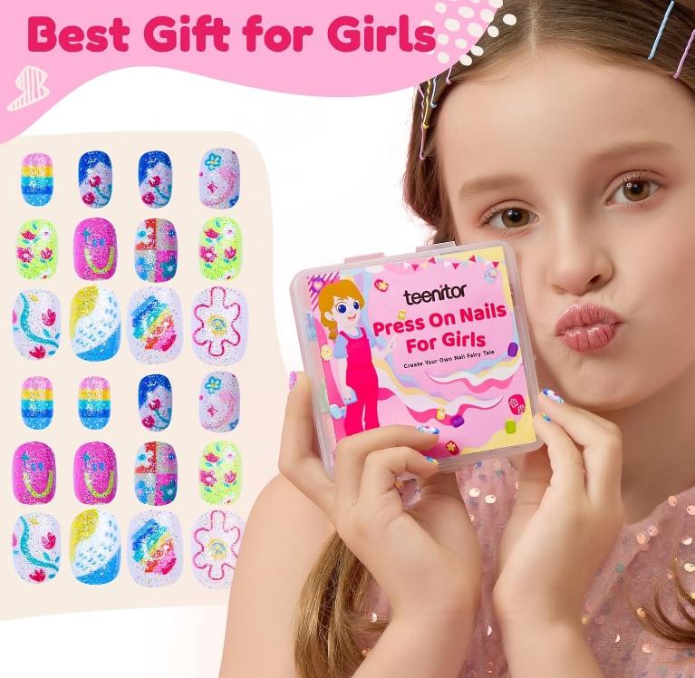 Teenitor 216pcs Kids Press On Nails for Girls, 9 Styles of 8-12 Years Girls Press On Nails for Kids, Full Cover Fake Nails for Little Girl, Short Acrylic Nails Set