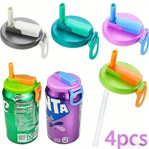 4-Pack Reusable Soda Can Lids with Silicone Straws - BPA-Free Spill-Proof Drink Covers for Seltzer, Soda & Juice - Universal Beverage Protector for Kids & Outdoor Parties - Essential TikTok Kitchen Finds