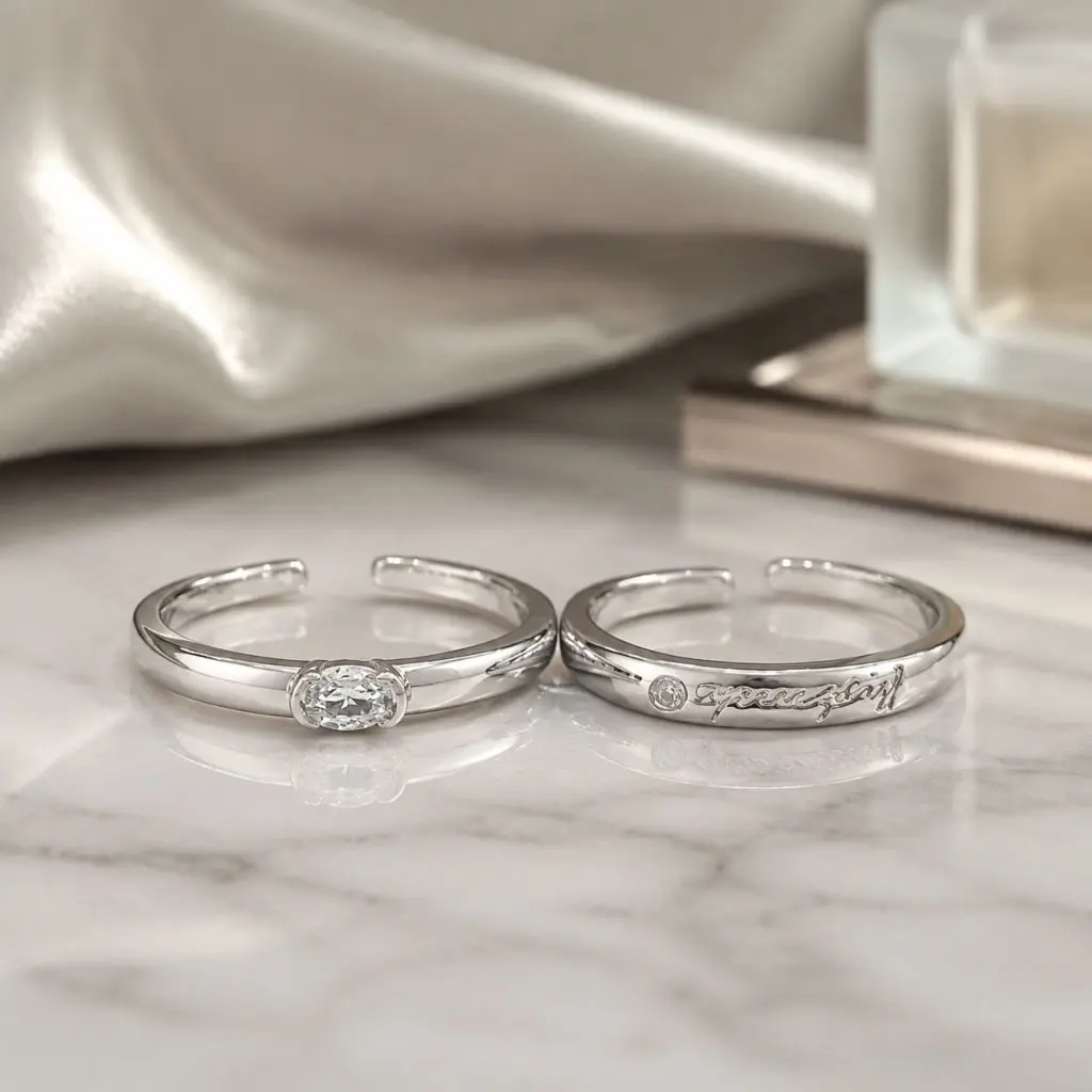 Couple Adjustable Fitted Ring Set, Silver & Gold-Coated Open Bands, Minimalist Dainty Zircon Rings for Him & Her, Daily Wear Gift, Adjustable Fitted Rings, Gold-Coated Rings