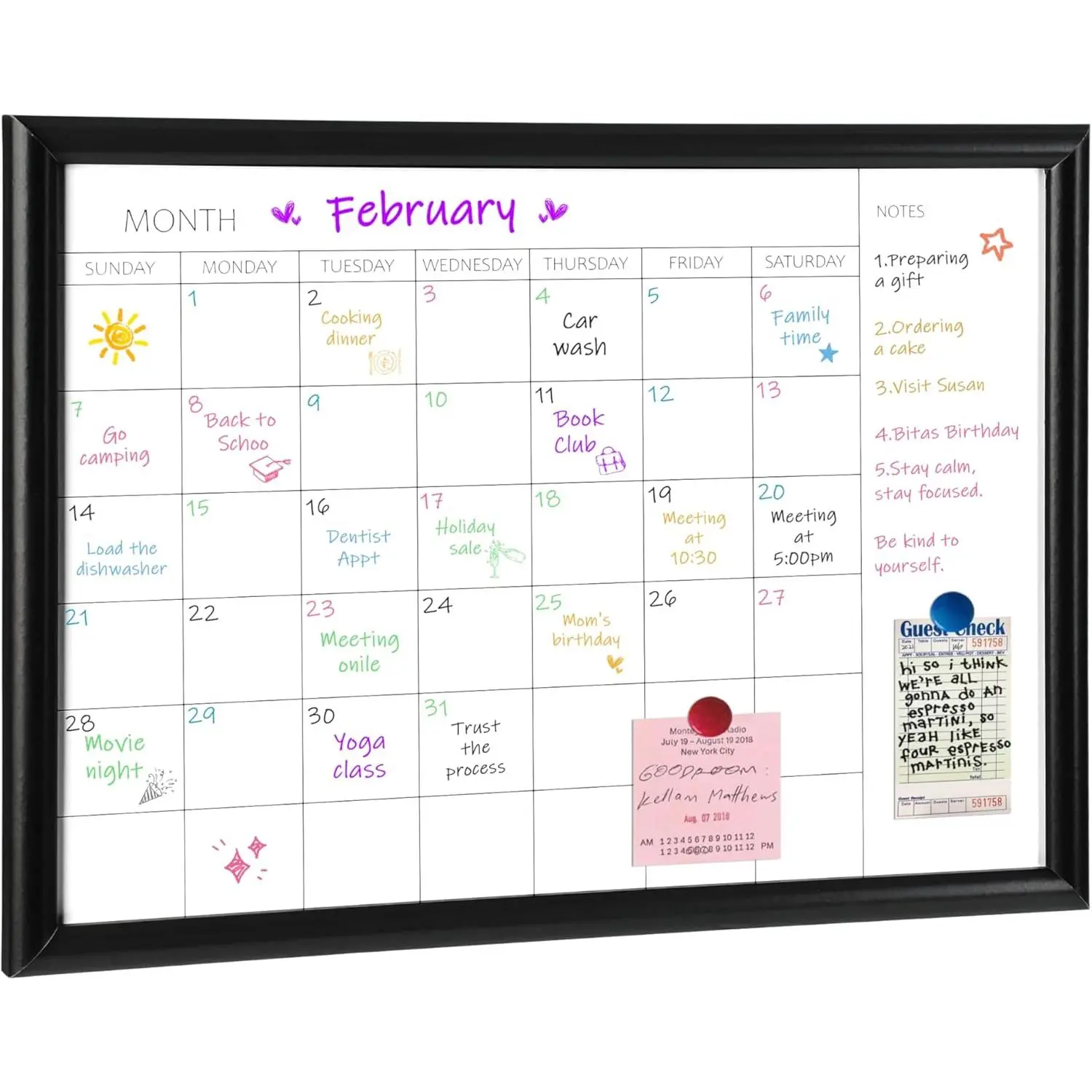 Dry Erase White Board & Monthly Calendar Board, Black Wooden Frame, Small Size Planning Board for Office, School and , 12" x 16"