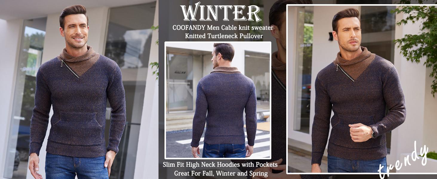 COOFANDY B Men's Knitted Turtleneck Pullover Shawl Collar Sweaters Slim Fit High Neck Hoodies with Pockets COOFANDY B Men's Knitted Turtleneck Pullover Shawl Collar Sweaters Slim Fit High Neck Hoodies with Pockets