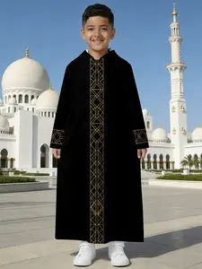 Vintage Geometric Boys' Robe, Line Embroidery Design, Hooded Long Sweatshirt Dress, Casual Wear for Kids, Comfortable and Stylish