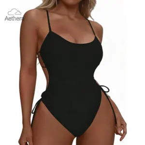 Women's Black One Piece Swimsuit - Spaghetti Strap Cut Out Bathing Suit | Tummy Control Side Tie Monokini | Sexy Backless Swimwear for Beach Pool Vacation