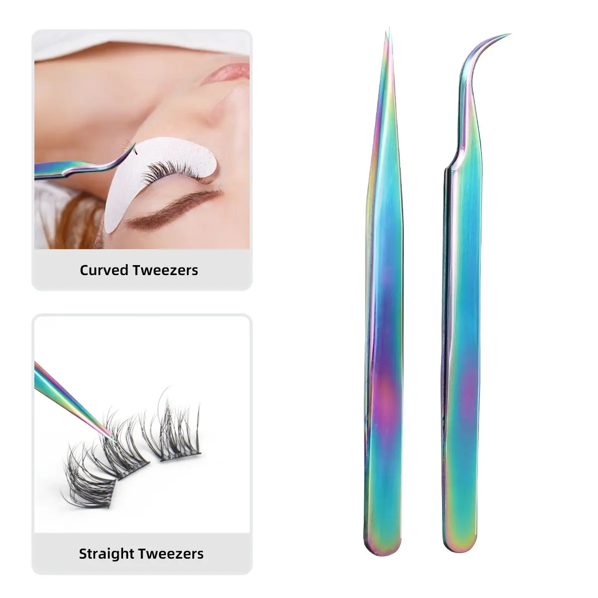 2PCS Stainless Steel Straight and Curved Tip Tweezer Duo Tweezers Nippers for Eyelash Extensions and Nail Art Sticker Rhinestone Eyelash Picker Acrylic Gel Nail DIY Art Eyelash Tools