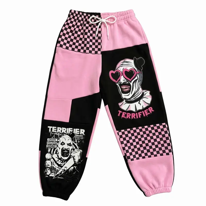 Pink Horror Clown Sweatpants, Black Checkerboard Graphic Jogger Pants, Creepy Cute Valentine Pants, Gothic Alternative Streetwear