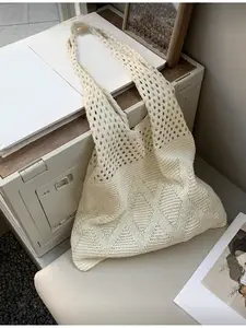 Women's Crochet Woven Beach Tote Bag Hollow-out Handbag Hippie Style Knitted Bag Summer Travel Shopping Bag with Sand Shake Design Large Capacity Student Girls Outdoor Gift