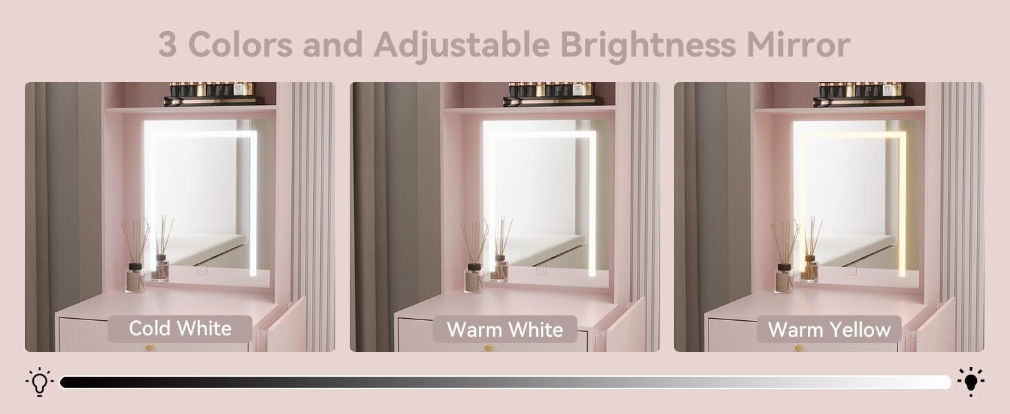 Small Vanity Desk Set with 3 Adjustable Lighted Mirror and Storage Chair IF018,  MDF panels