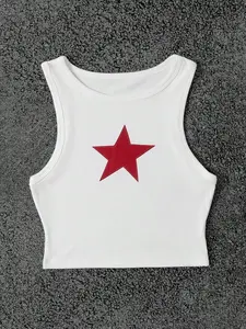Women's Y2K Red Star Graphic Crop Tank Top | Sleeveless Design Ribbed Knit Cami, 2000s Aesthetic Streetwear, Trendy Cropped Vest for Summer Outfits, Casual Daily Wear & Party Fashion, Womenswear
