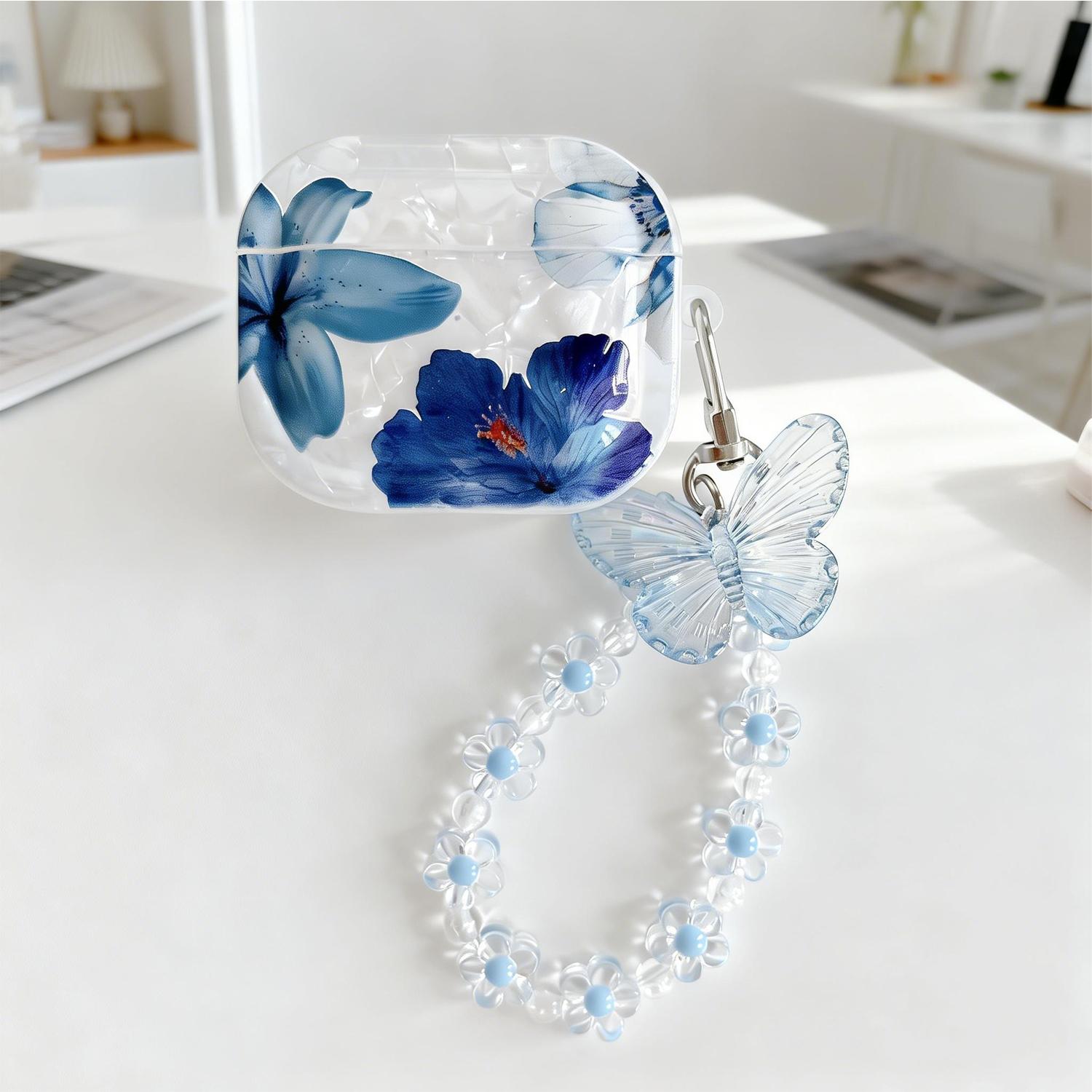 Butterfly Pearl Pendant Case for Airpods Pro 3/2/1 Airpods 4/3/2/1, Kawaii Dreamy Blue Butterfly Shell Design Shockproof Earphone Protective Cover for Girls Women