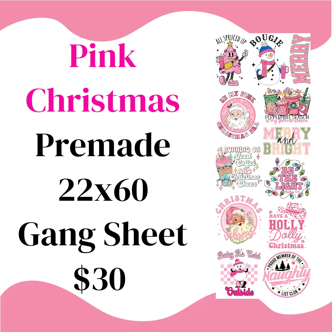 Pink Christmas Premade DTF Gang Sheet Heat Transfers - 22x60 in Unisex Direct to Film Transfers, Medium Pressure Application, Specialty DIY Supply for Toys & Hobbies Projects
