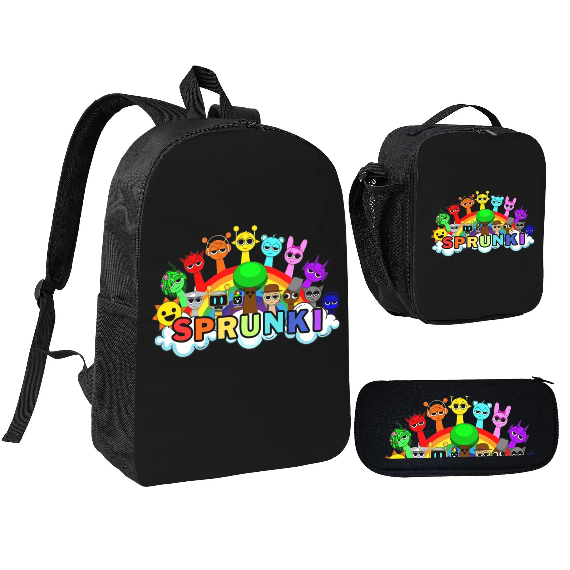 Unisex 3pcs Cartoon Sprunki Backpack Set - Zip, Casual, Multi-Compartment School Bookbag, Pencil Case, Lunch Box, Polyester Lightweight for School, Vacation