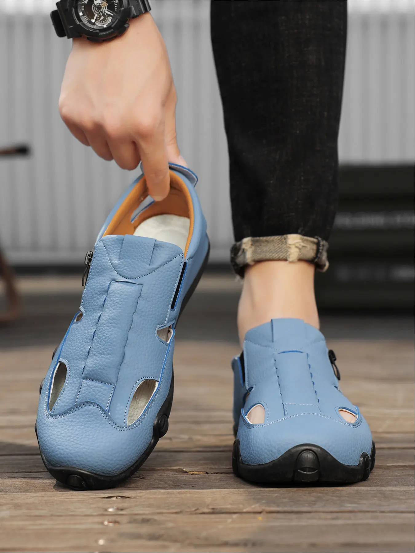 Men's Summer Breathable Hollow Out Casual Shoes, Slip-On Zipper Loafers, Non-Slip Soft Sole Driving Shoes