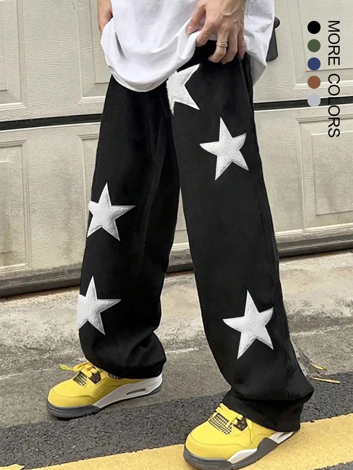 Unisex Men's Star Embroidered Drawstring Waist Pants, Loose Street Pocket Elastic Waist Straight Leg Trousers, Men's Bottoms for All Seasons, National