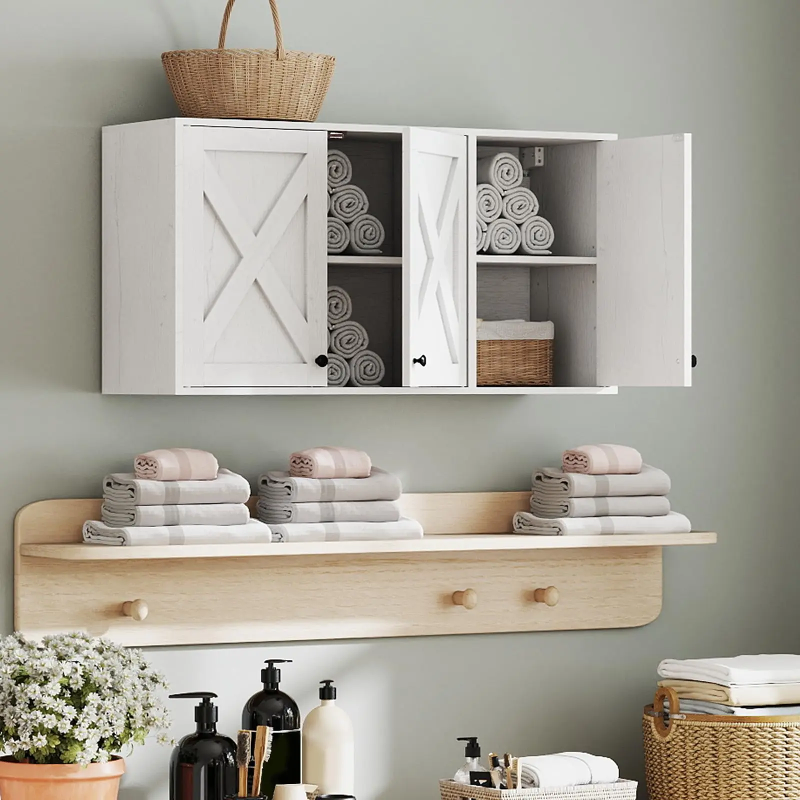 Bathroom Kitchen Storage Wall Mounted Farmhouse Organizer with Shelves Over Toilet, 36" Wide, White