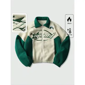Men's Warm Fleece Lined Jacket Vintage Olive Block Loose Fit Heavy Embroidery Logo Comfortable Streetwear Zipper Coat Menswear
