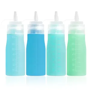 Mrsdry Condiment Squeeze Bottles, 16 oz Silicone Squeeze Bottles For Sauces, Leak Proof Condiment Containers with Extra Interchangeable lid, Easy Squeeze for Oil, Honey & Dressings, BPA FREE (4 Pack)