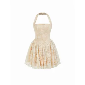 Cider Floral Lace Halter Neckline Ruffled Flared Mini Dress SwimWeek