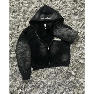 Hell in Paradise Street Retro Gothic Style Zip Up Hoodie Embroidery Patchwork Hoodies Loose Sweatshirt Men Clothing Pullover Long Sleeve