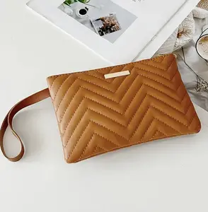 Caramel Brown Clutch Purse With Wristlet- Logo Free- Faux Leather Embroidered