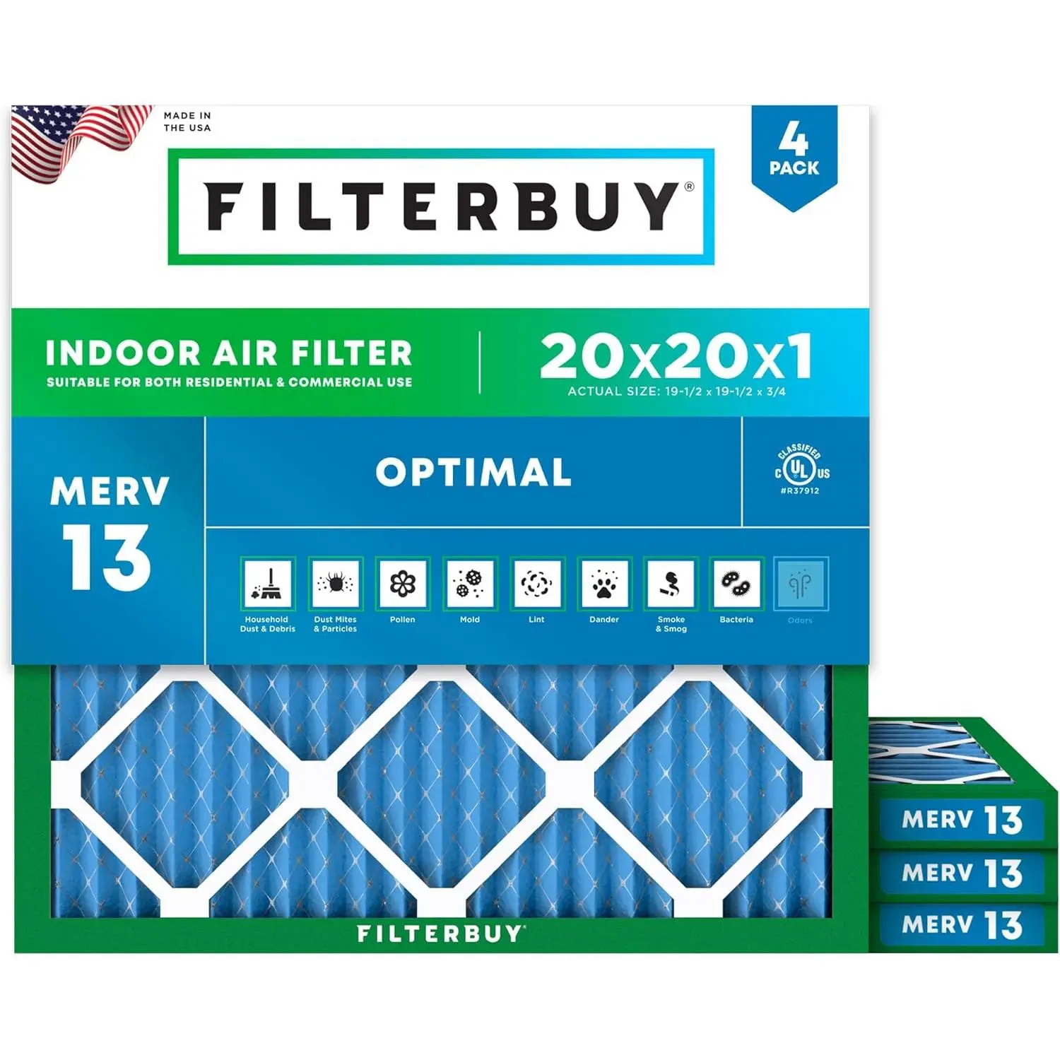 Filterbuy 20x20x1 Replacement HVAC AC Furnace Air Filter (4-Pack), Pleated MERV 13 Optimal Defense (Actual Size: 19.50x19.50x0.75 Inches)