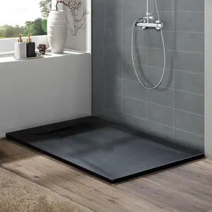 Low-Profile Zero Threshold End Drain Shower Pan Base, Matching Black Drain Cover