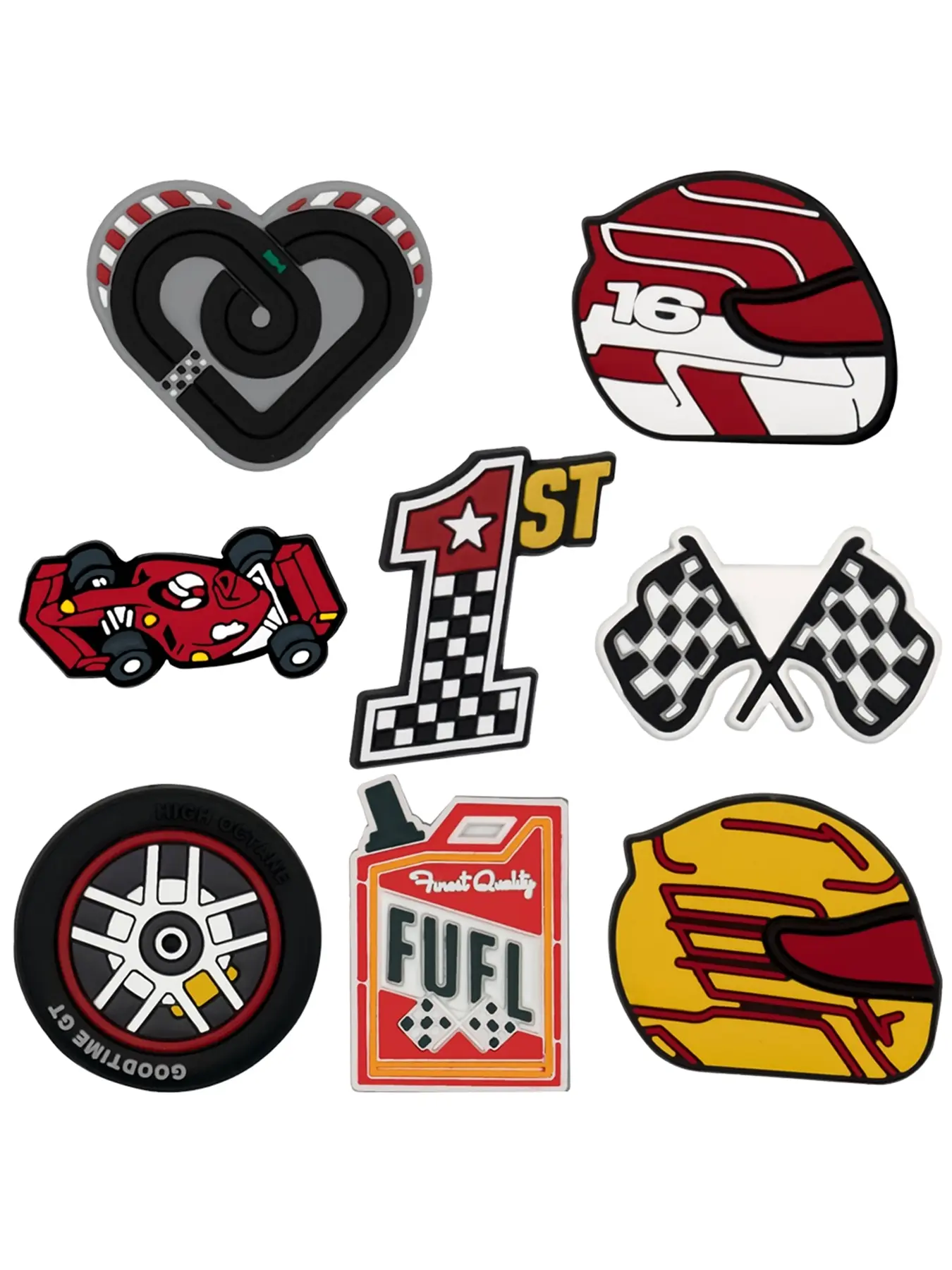8pcs F1 Racing Style PVC Shoe Accessories Decorations, 16 helmet black and white flag tire fuel Decoration, DIY detachable charm, jeans suitable for all clothesDIY Detachable , Cute Cartoon Design Detachable Accessory Charm