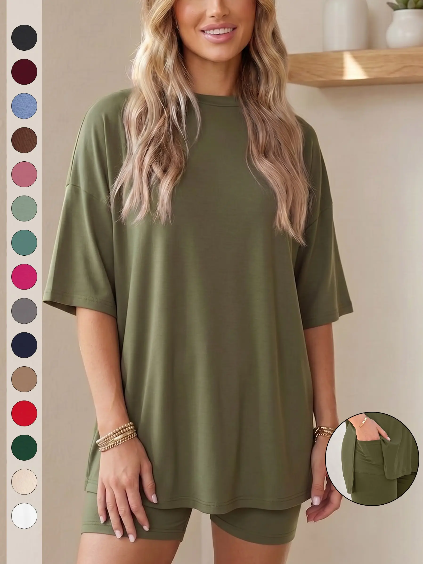 Women's 2 Piece Lounge Set, Minimalist Casual Summer Outfit with Oversized Split Hem T-Shirt and Fitted Shorts, Comfy Homewear (S-4XL), 2 Piece Sets, Women 2 Piece Sets Crewneck Clothes
