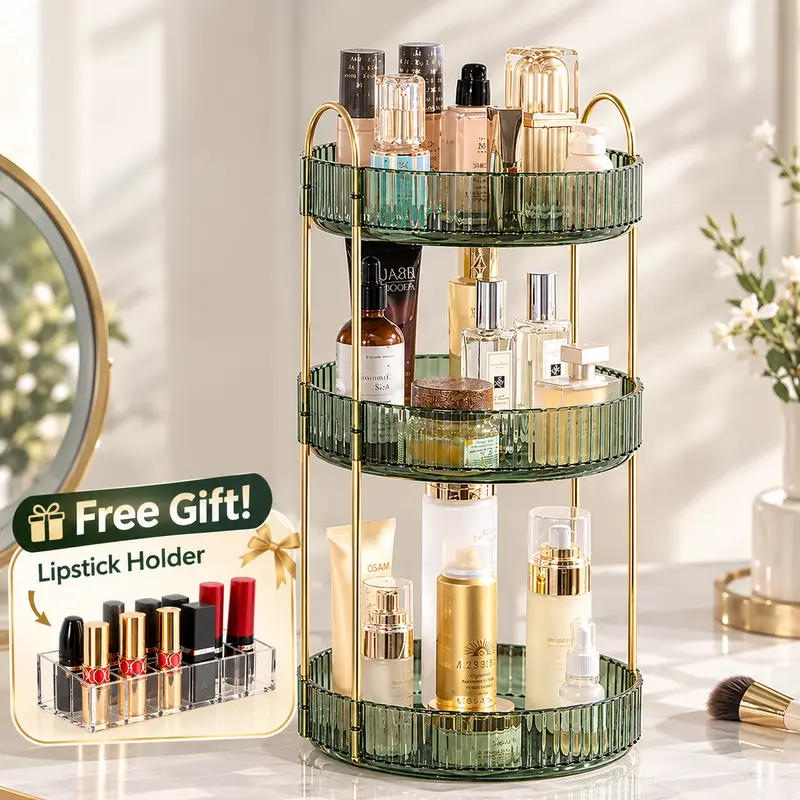 GooBird 3-Layer 360° Rotating Round Metal-Plastic Beauty Organizer - Collapsible Stackable Storage Vanity Shelf with 12-Slot Lipstick Holder, Bin, Containers - Bathroom Decor, Girlfriend Gift