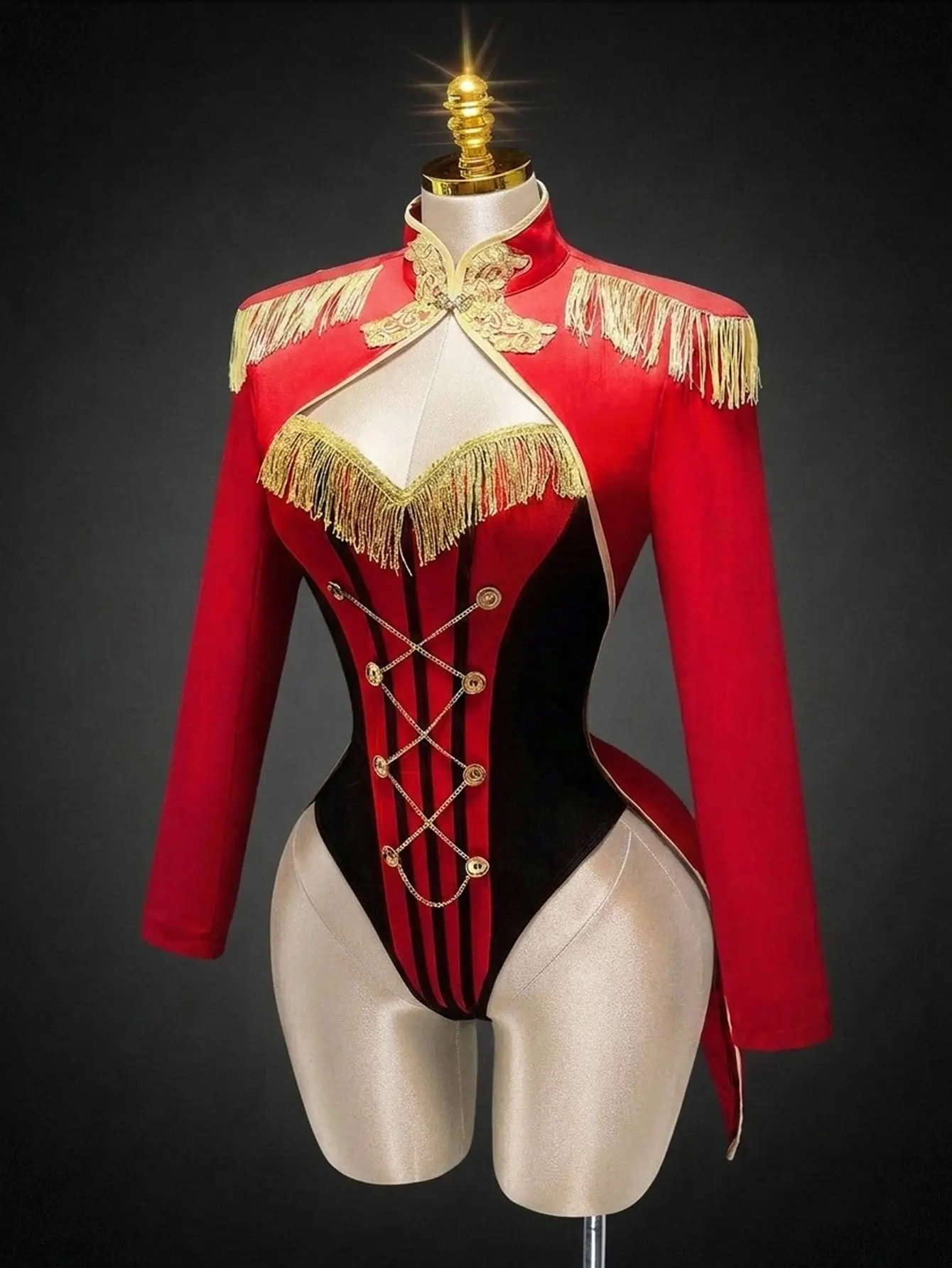 Women's Red Fitted Waist Tailcoat Jacket | Gold Contrast Detail With Bodycon Silhouette And Vintage Knight Inspired Design | Halloween Festival Back To School Party Concert Going Out Streetwear Costume Outfit