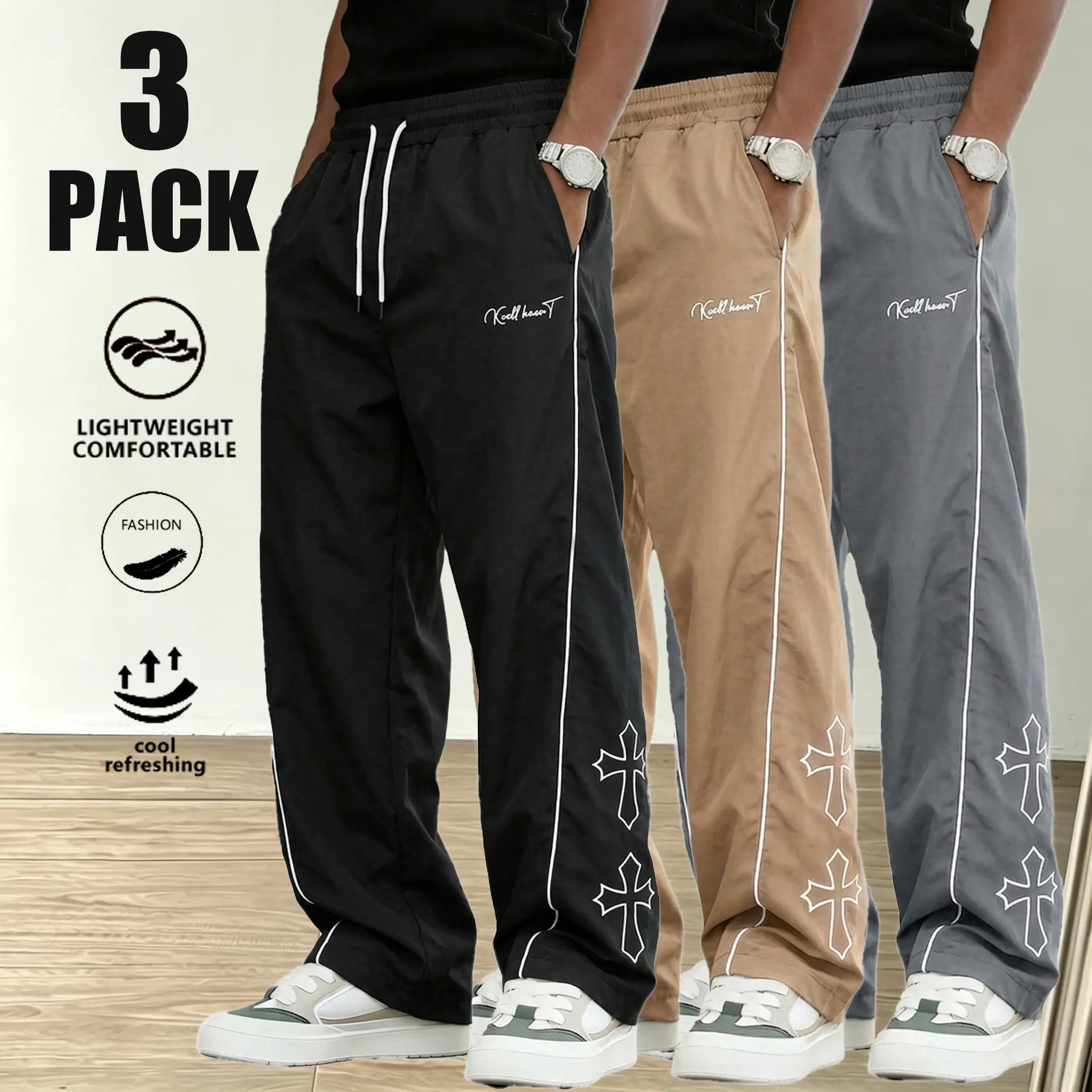 3-Pack Men's Hip-Hop Track Pants, Wide-Leg Casual Style with Drawstring, Cross Embroidery, and Contrast Side Stripes, Lightweight Cool-Touch Poly Fabric, Hip-Hop Look, Cord Detail Men's Pants, Drawstring Track Men's Pants