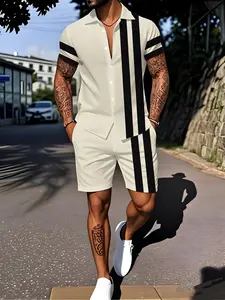 Large-size men's printed casual shirt set - Novel short-sleeved button-up top and waist-tight shorts set, made of polyester fabric, machine washable, summer beach wear, vacation clothing | Tropical print design | Polyester fabric, beach wear, large-size c