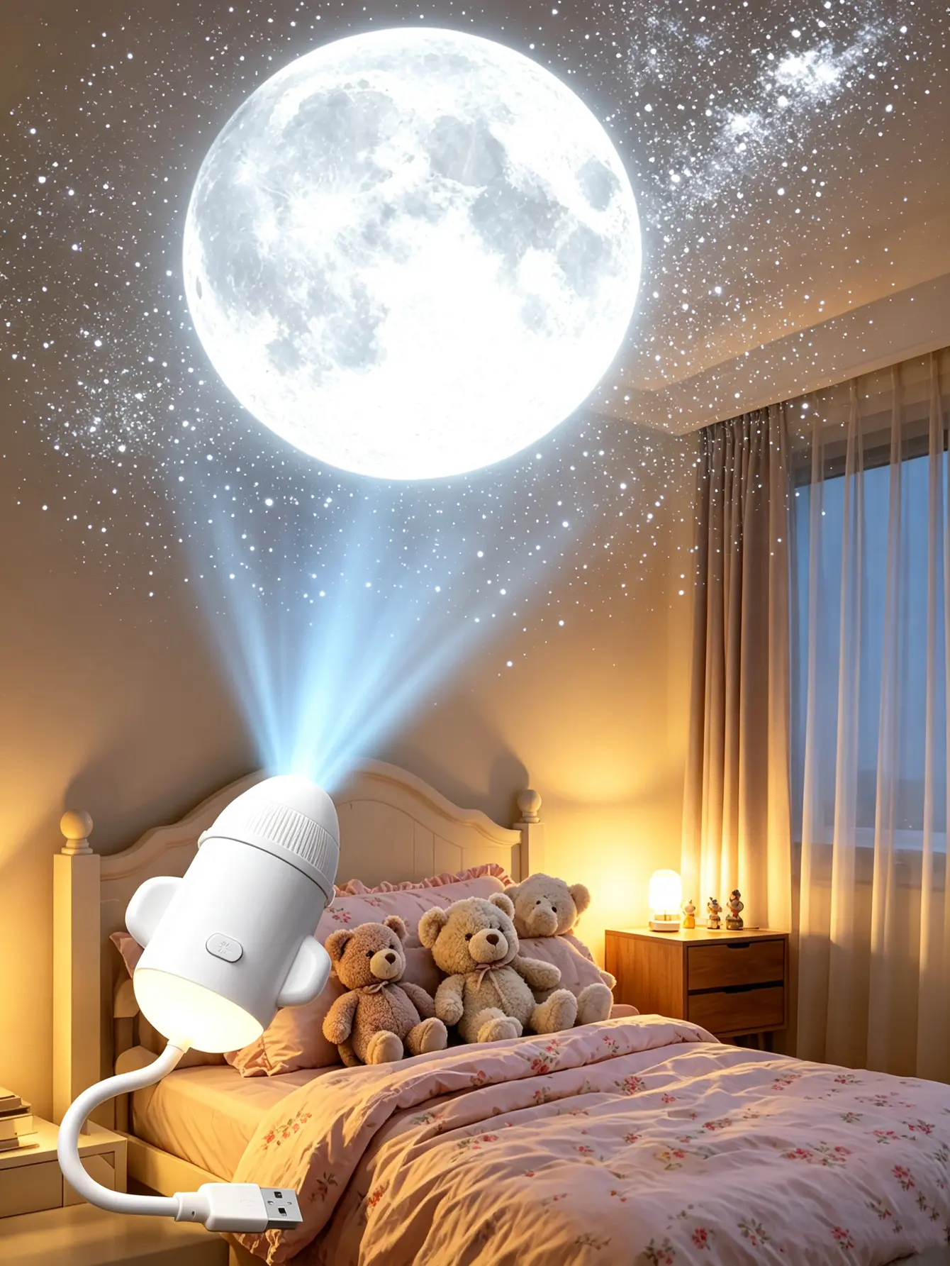 USB Rocket Projection Lamp. Launch into a cosmic adventure with this lamp! With 12 lighting effects, it works as a night light and projects vivid universe scenes with soft ambient light. It is a lovely gift for birthdays and festivals.