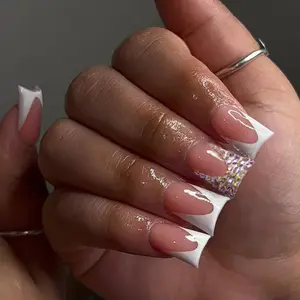 24pcs French Diamond Acrylic Press-On Nails Set, Includes Jelly Glue and Nail File, Easy Wear, Perfect for Parties, Dancing, Daily Use