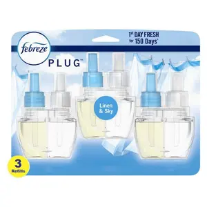 Febreze (3-Count) Fade Defy 0.87 oz. Linen and Sky Scented Oil Plug-In Automatic Air Freshener Refill, 50-Day Continuous Odor Fighter for Kitchen Bathroom Bedroom, Automatic Air Freshener with Low Level Indicator.