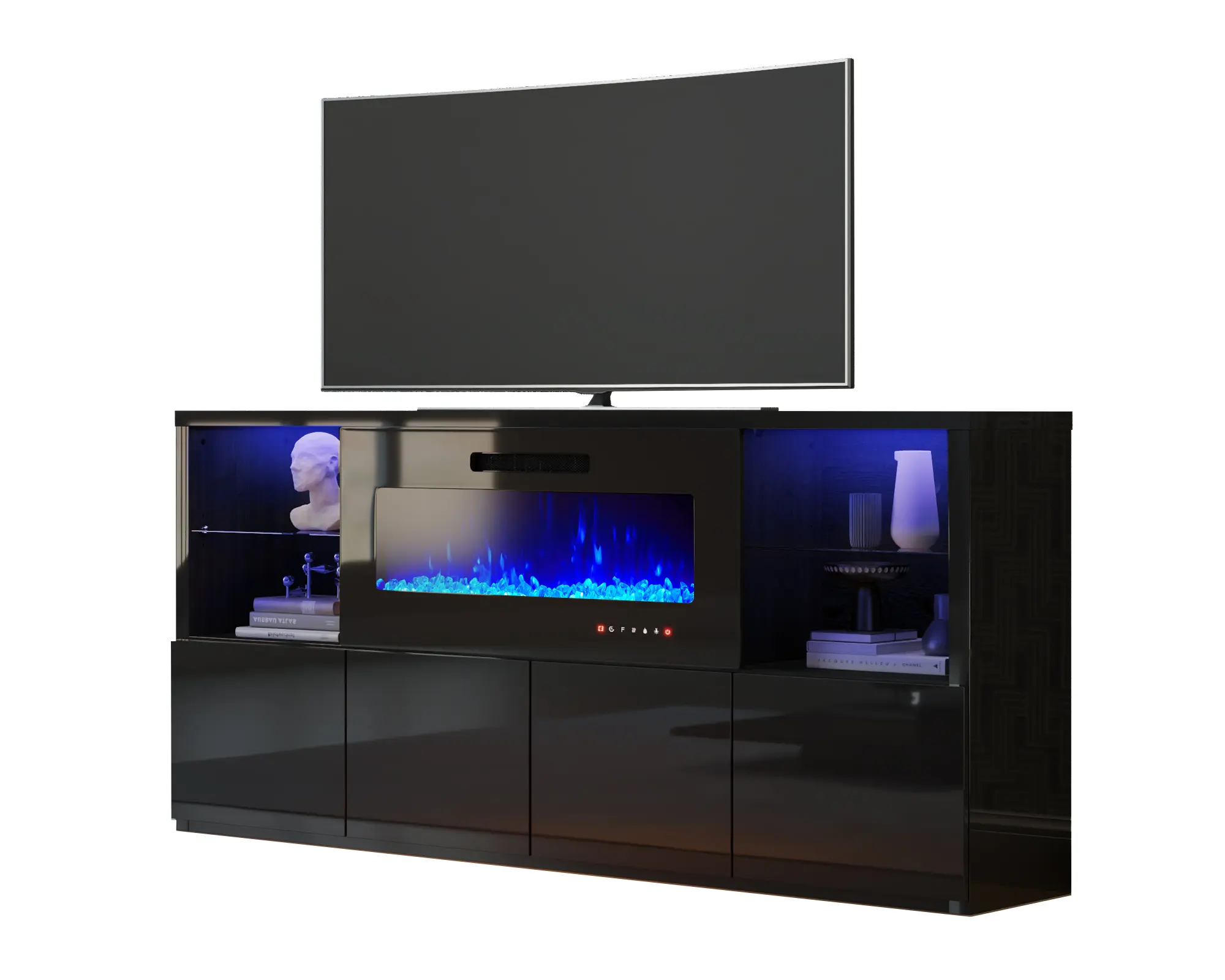 AMERLIFE Modern High Gloss 68" Fireplace TV Stand, Media Entertainment Center with Electric Fireplace & LED Lights for TVs up to 78", TV Console Cabinet with Adjustable Glass Shelves