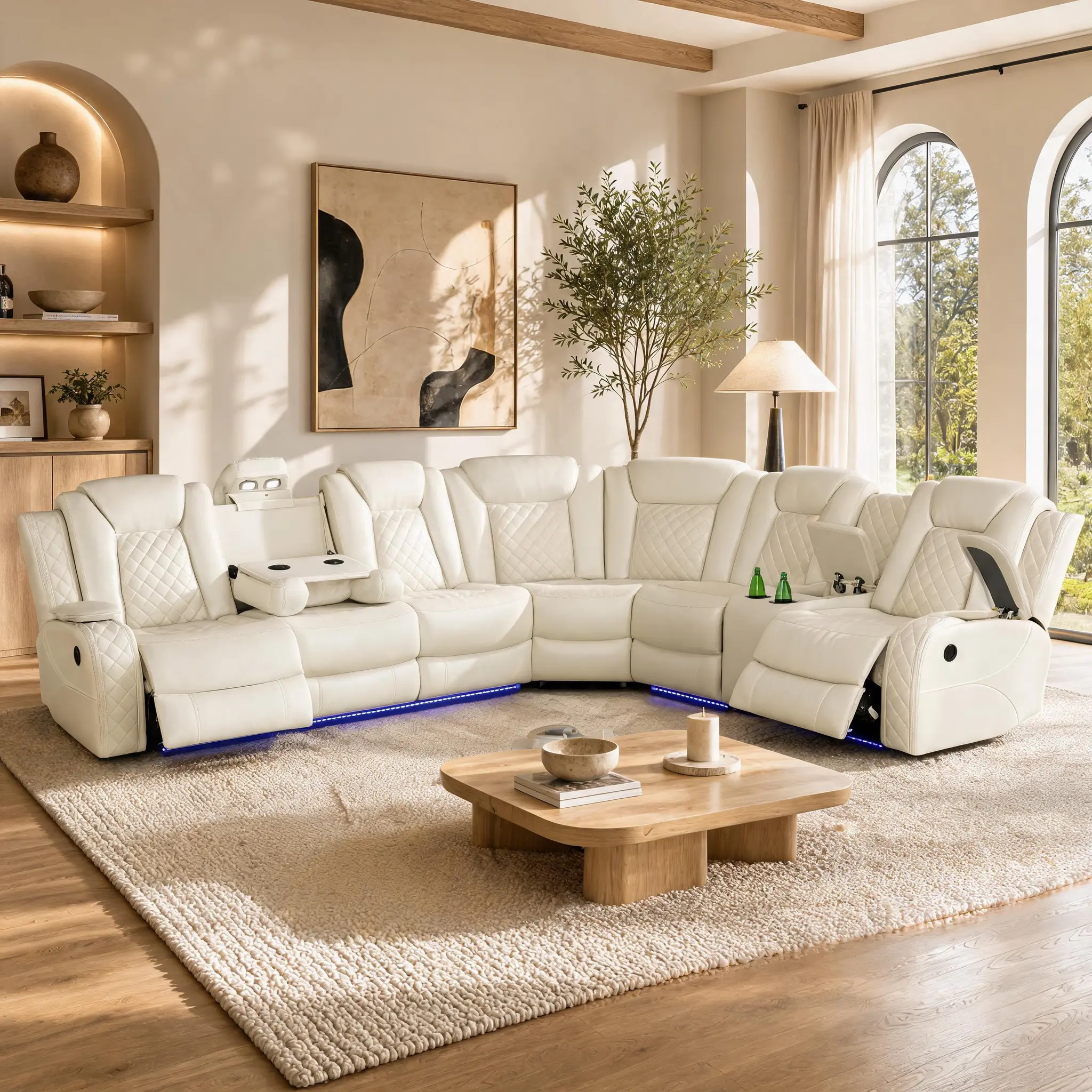 Lifestyle Power Reclining Leather Sofa Set 3-Piece Living Room Ensemble Off-White Breathing Leather Modern Recliner Sofa Set with Love Seat & Chair for Cozy Atmosphere