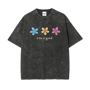 Life is good Cute Casual Three Flowers Unisex Plus Size Summer Graphic Tees Personalized Pattern Y2k Clothing Round Neck Short-Sleeved Washed T-Shirt,Women's Clothing 100% Cotton, Menswear, Top, Vintage Style, Casual Oversized