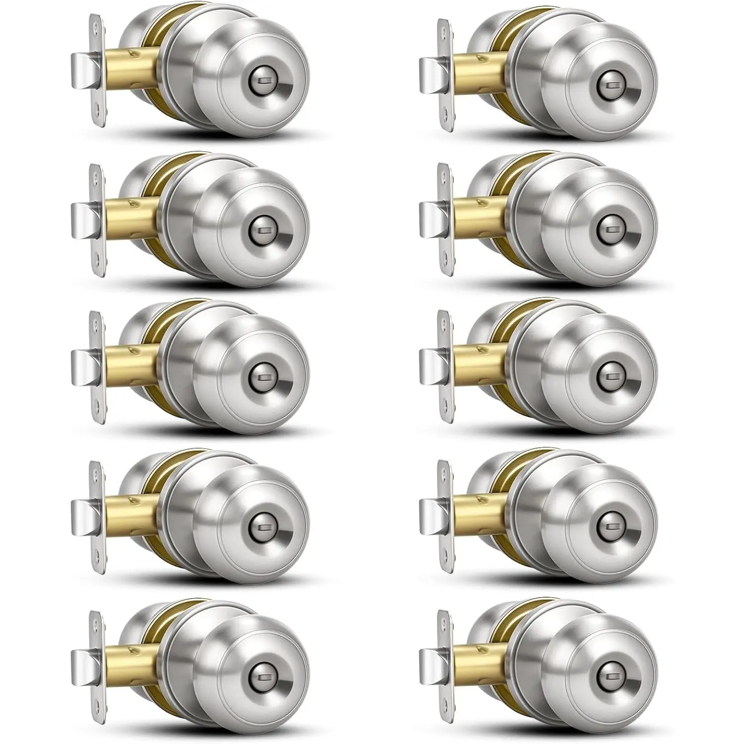 10 Pack Brushed Nickel Door Knobs, Privacy Door Knob with Lock, Interior Silver Keyless Door Locks Set for Bedrooms Bathrooms, Reversible for Left/Right Door Handle