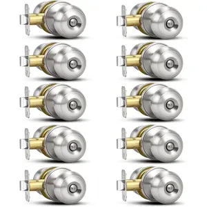 10 Pack Brushed Nickel Door Knobs, Privacy Door Knob with Lock, Interior Silver Keyless Door Locks Set for Bedrooms Bathrooms, Reversible for Left/Right Door Handle