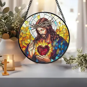 Sacred Heart Of Jesus Faux Stained Glass Window Hanging Ornament, Glass Suncatcher Of Faith, Christian Gift, Religious Decor For Christian