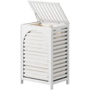 White Laundry Hamper, 22.5 Gallon (85L) Bamboo Wood Clothes Laundry Basket with Lid and Handles, Removable Liner