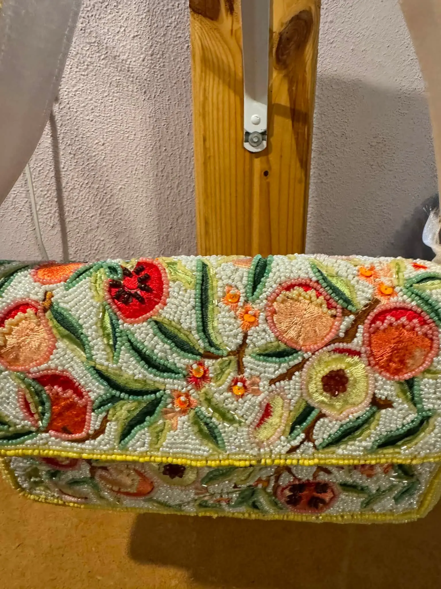 Hand-Beaded Peach Orchard Shoulder Bag with Floral Design