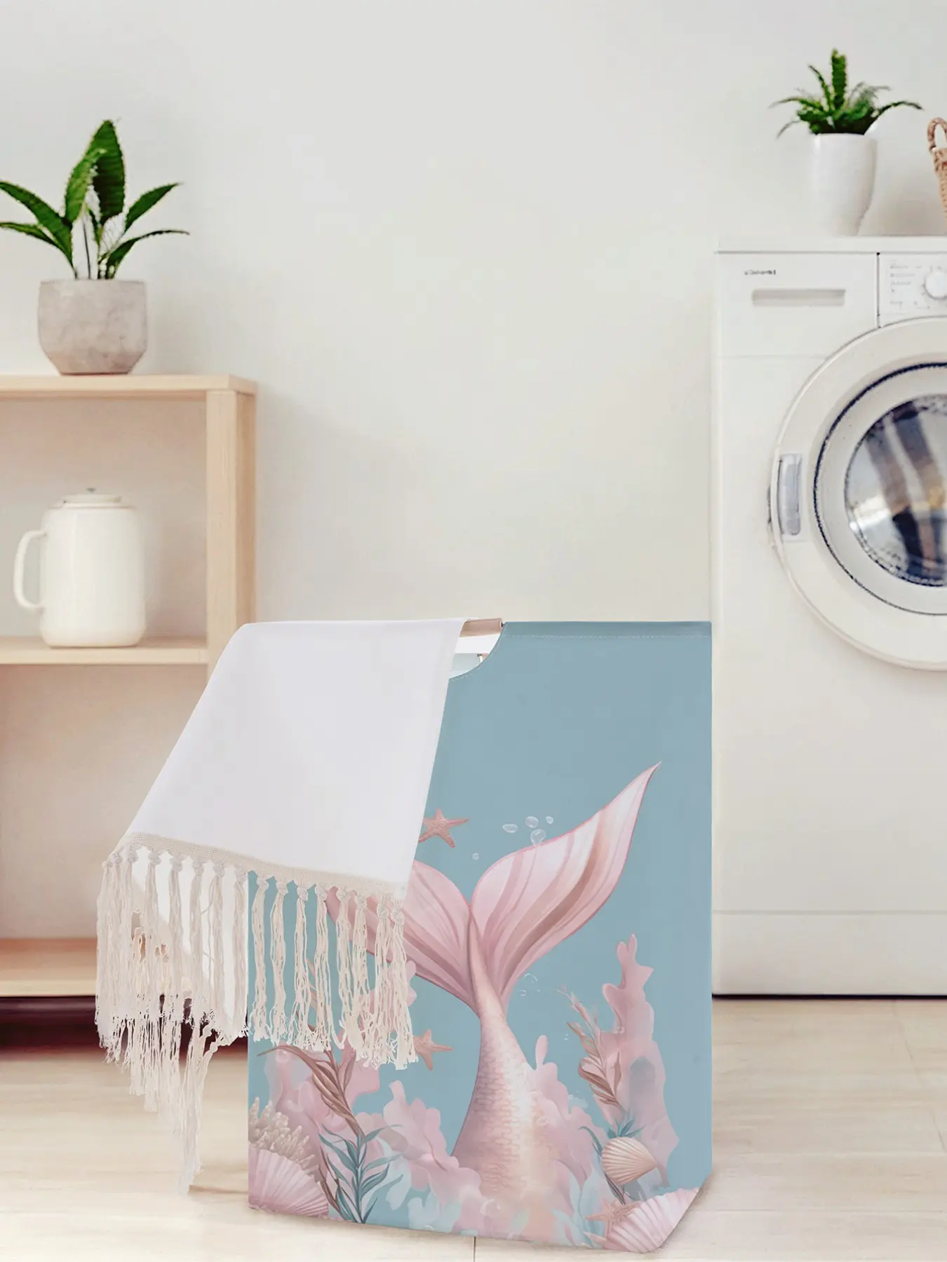 Mermaid Tail Pattern Open Storage Box, Foldable Laundry Basket with Handle, Home Bathroom Collapsible Dirty Clothes Bucket