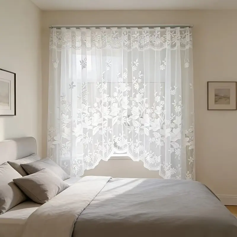 1pc Elegant Embroidered Sheer Window Curtain, Arched Ruffle Bottom Design, Lightweight Drapes for Bedroom Bathroom, Modern Style Curtains