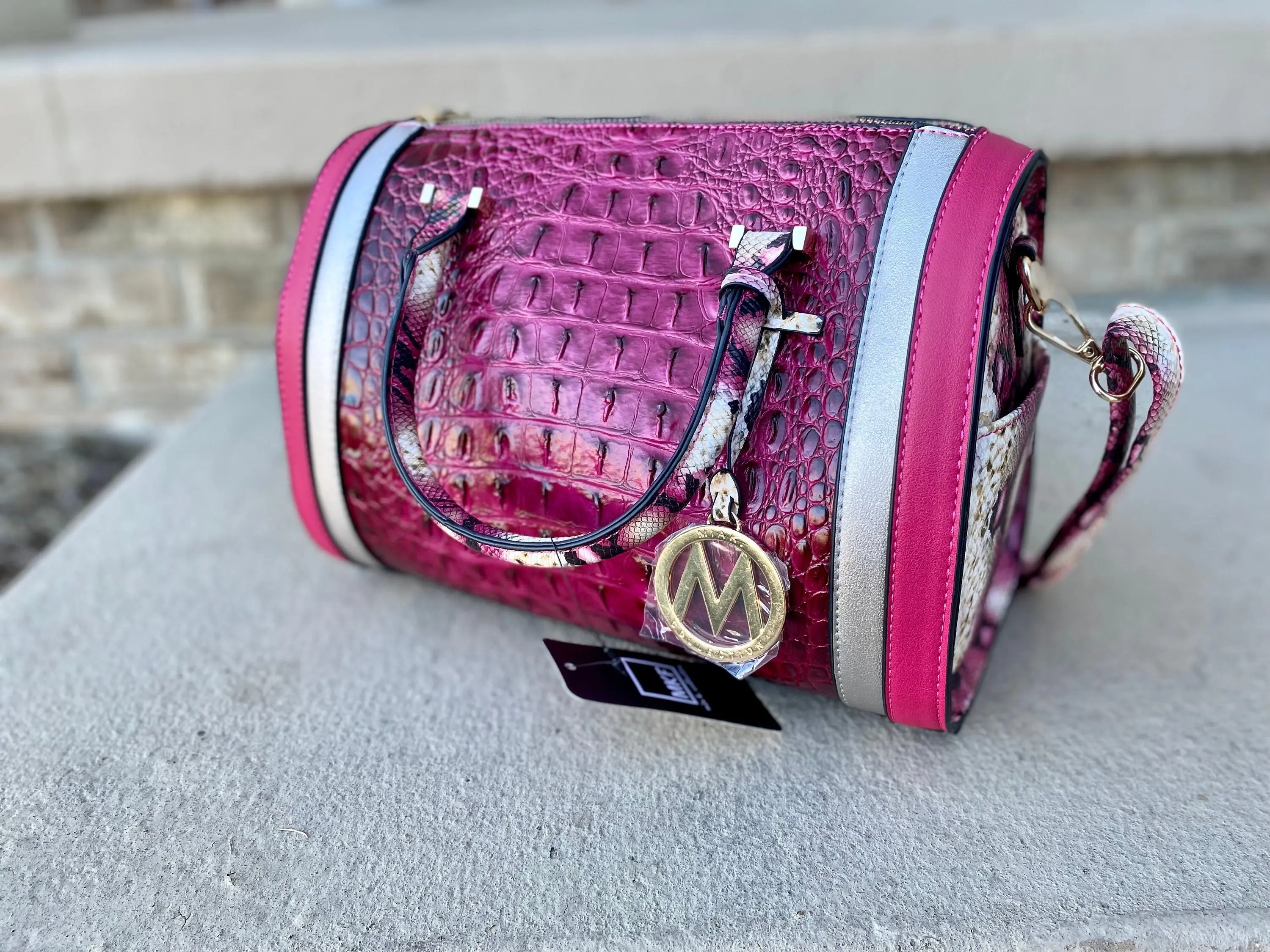 Pink Bag, Gift for Her, Crocodile-Embossed Satchel, Pink Handbag, Fushia Crossbody, MKF Pink Purse, Snakeskin Vegan Leather
