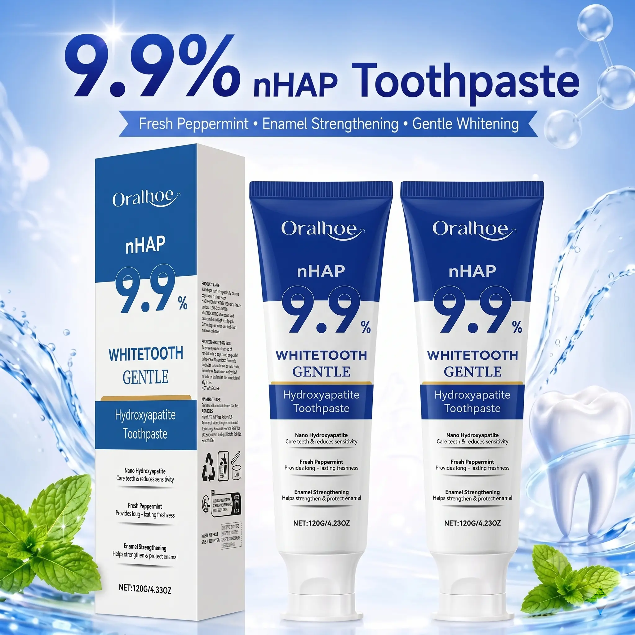 Nano Hydroxyapatite Toothpaste for Enamel Care, Whitening, and Sensitive Teeth - Daily Oral Cleansing with Peppermint, 120g, Evening, Fragrance Free, Dental Whitening Toothpastes, Clean Breath Toothpastes