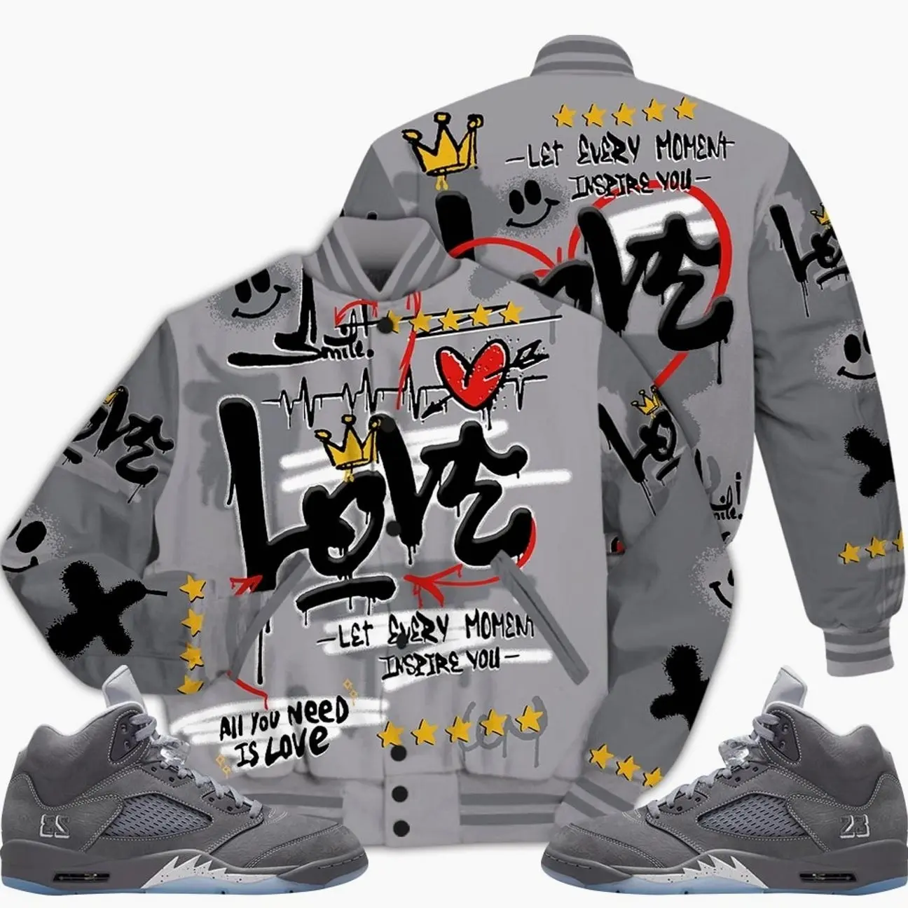 5 Wolf Grey Varsity Jacket, Retro Wolf Grey 5s Outfits, Happy Love Beats Graffiti Outfits Streetwear Unisex Sneaker Matching Shirts