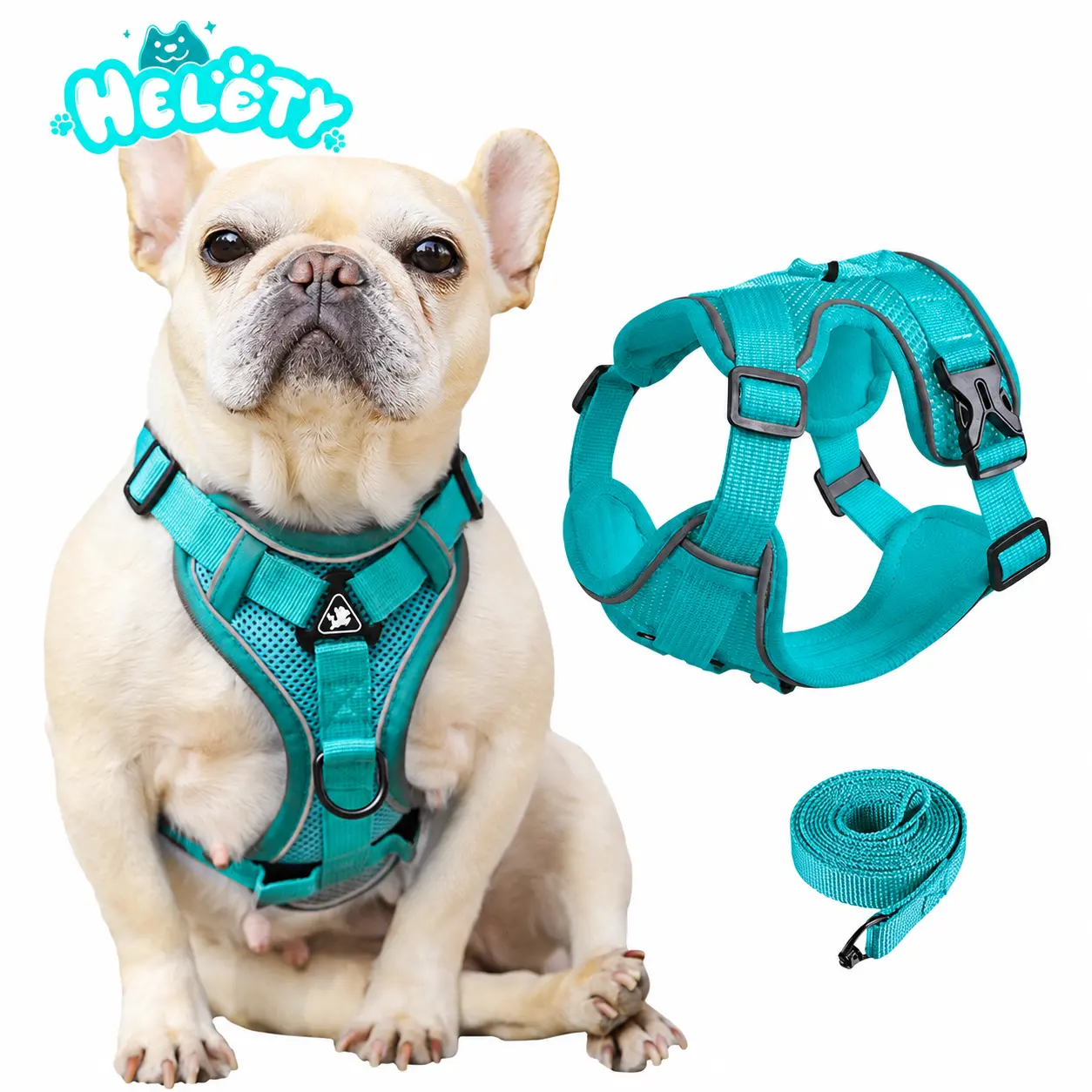 HELETY No-Escape Dog Vest & Leash Set - 3D Breathable Mesh, Reflective Strips, Quick-Release Buckle, Adjustable Strap, Retractable Design, Poop Bag Holder, Metal Parts - No Pull No Choke for Small-Medium Breeds (Frenchie) - Night Walk, Travel Safety led,,
